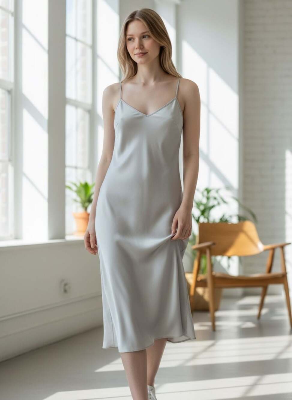 Unbranded Solid Satin Spaghetti Strap Midi Slip Dress